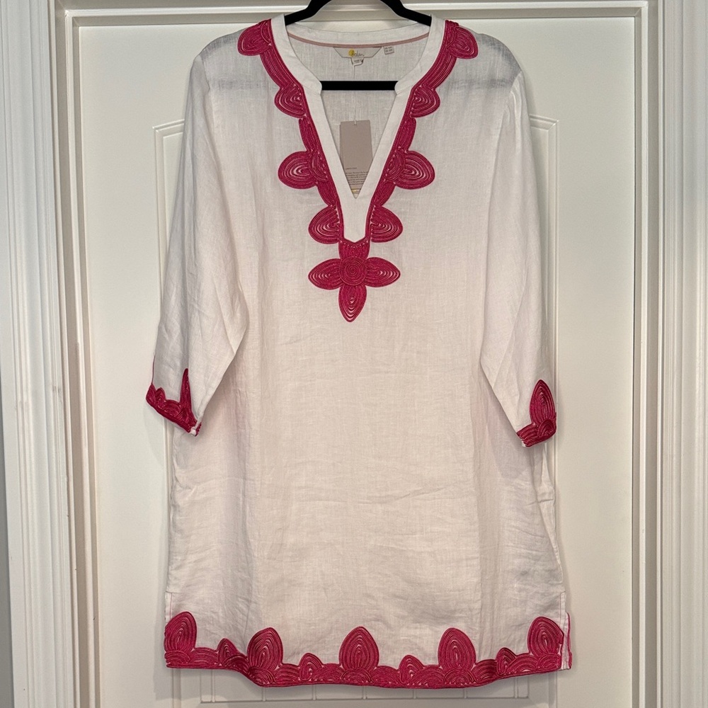 Boden White Linen Dress with Pink Embroidered Trim size 12